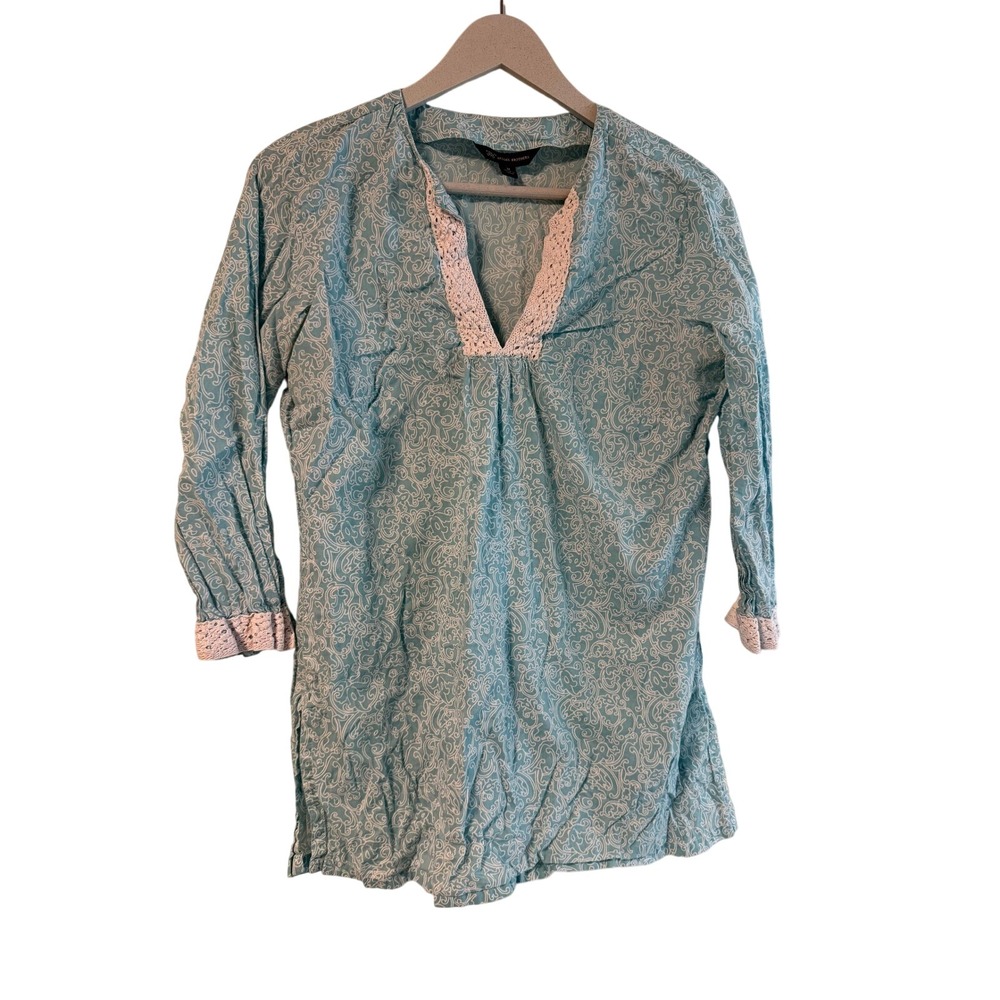 Brooks Brothers 346 Womens Blue White Paisley Cotton Lace Trim Tunic Top Size M